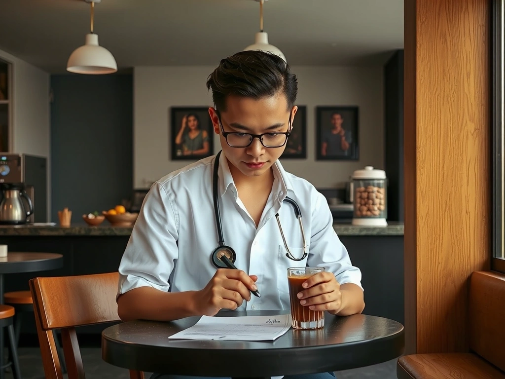 Nutritionist in a KL café planning a meal on a napkin